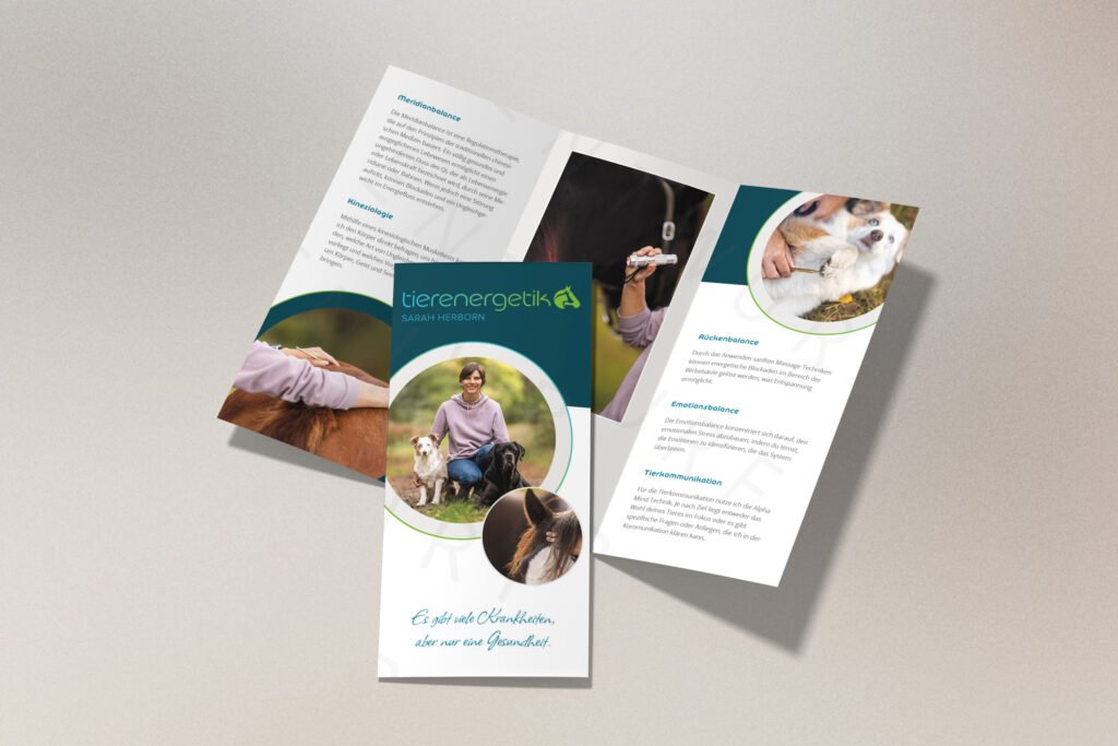 Tierenergetik-Flyer mit Dienstleistungsdetails, erstellt von Gina Wetzler, Joliegraphie.