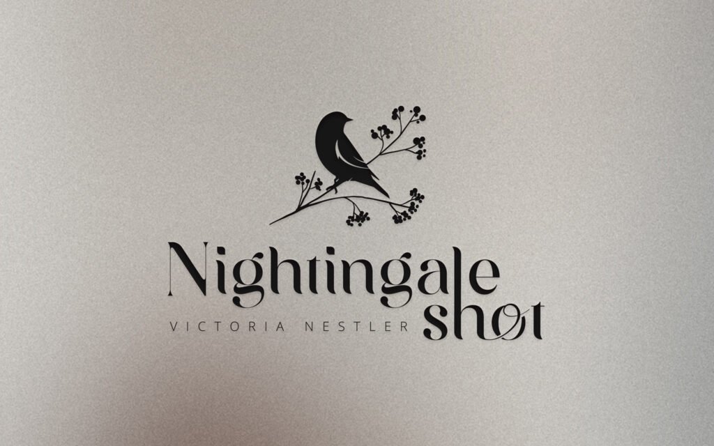 Elegantes Nightingale Shot-Logo, kreiert von Gina Wetzler, Joliegraphie.