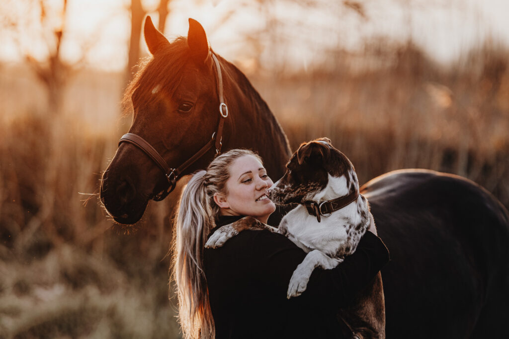 Eine Frau umarmt ein Pferd und einen Hund bei Sonnenuntergang.